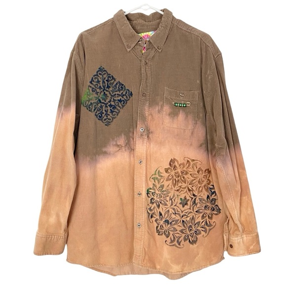 Upcycled Corduroy Grunge Shirt Shacket Womens Size Large Hand Painted Ombre - Picture 1 of 12